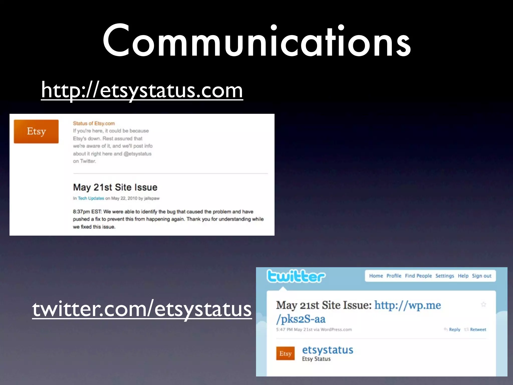 Communications
http://etsystatus.com




twitter.com/etsystatus
 