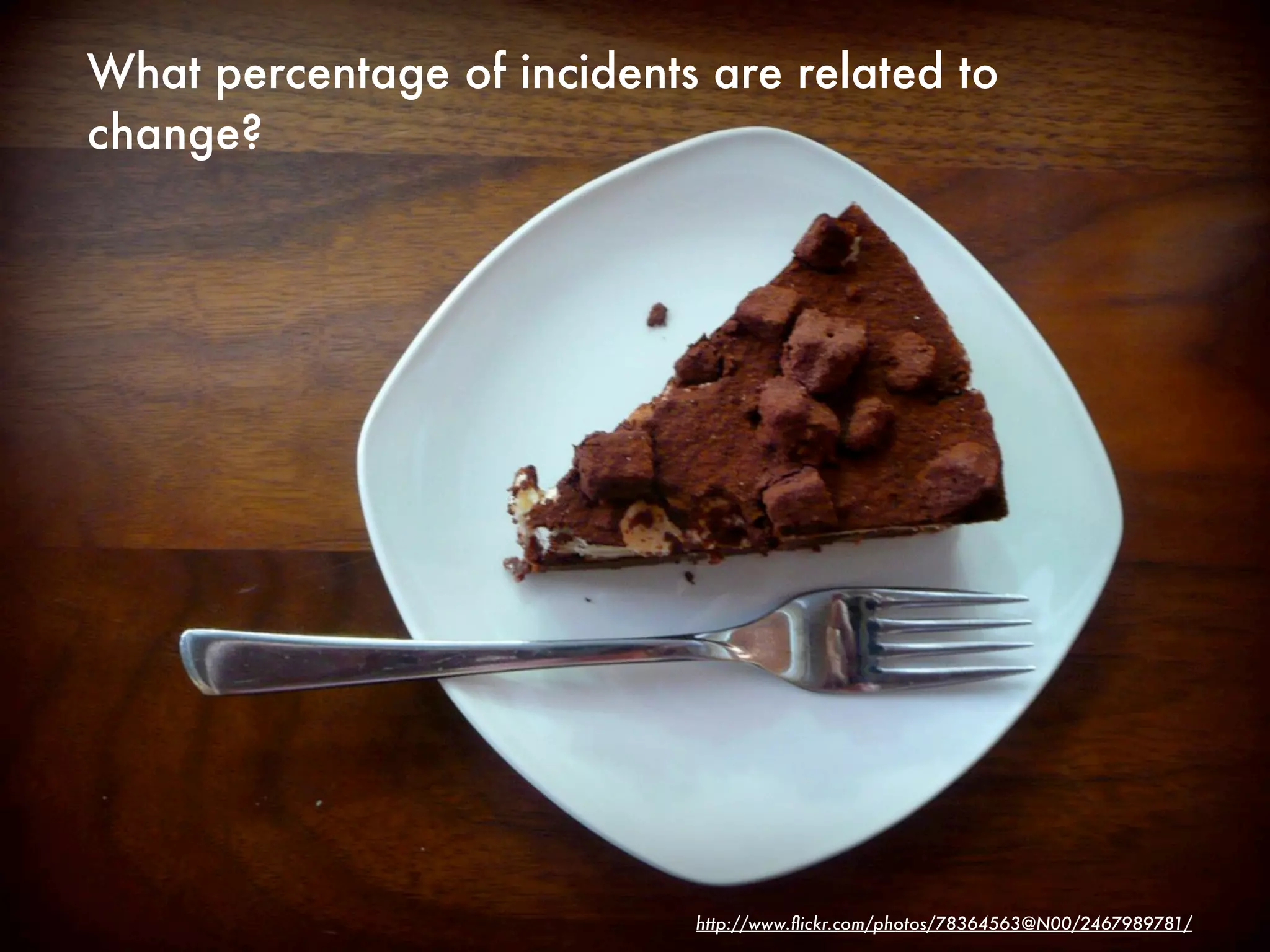 What percentage of incidents are related to
change?




                            http://www.ﬂickr.com/photos/78364563@N00/2467989781/
 