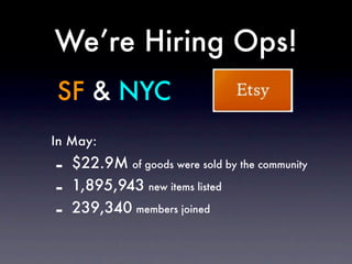 We’re Hiring Ops!
SF & NYC
In May:

-   $22.9M of goods were sold by the community
-   1,895,943 new items listed
-   239,...