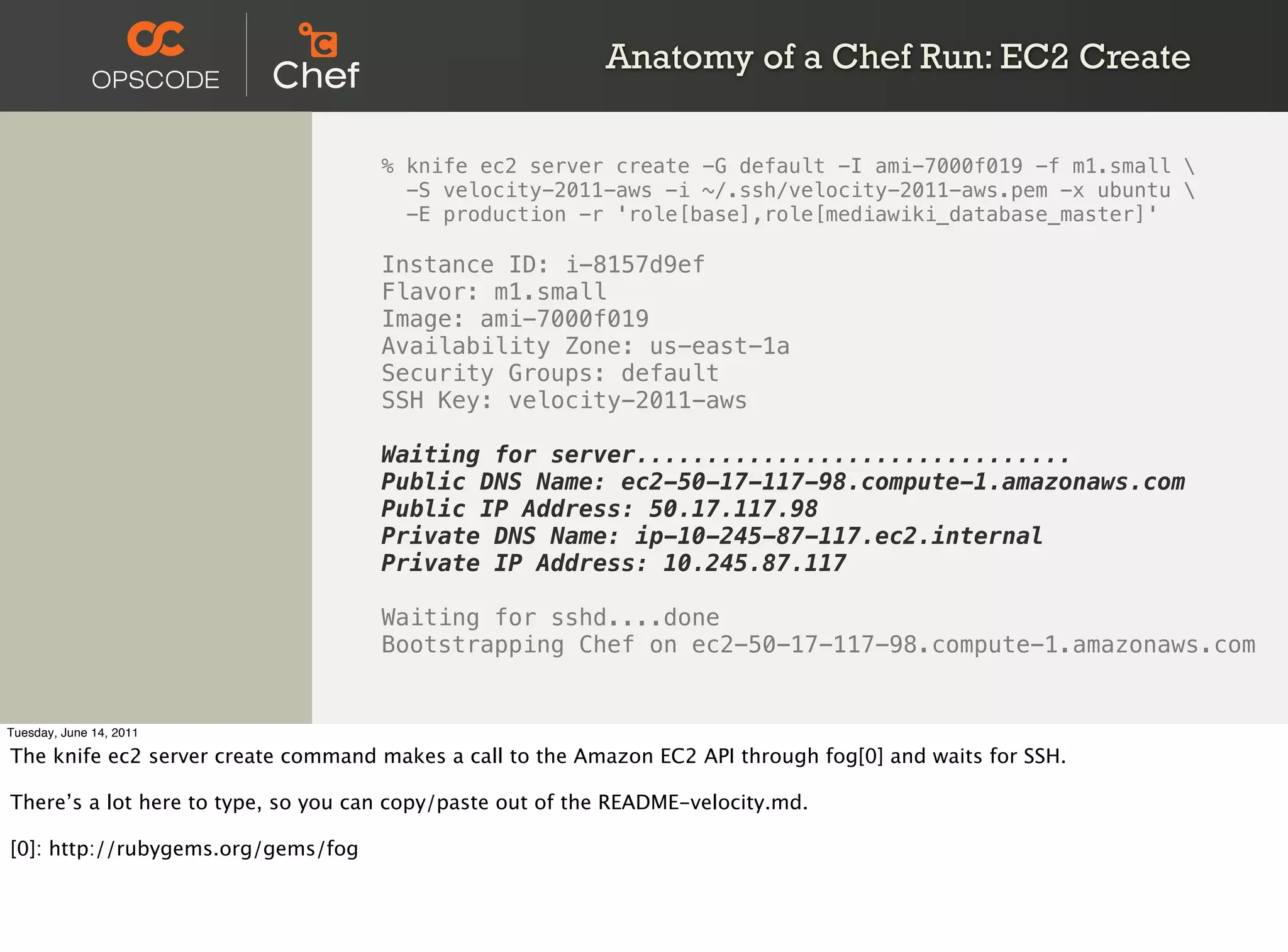 Anatomy of a Chef Run: EC2 Create

                                     % knife ec2 server create -G default -I ami-7000f019 -f m1.small 
                                       -S velocity-2011-aws -i ~/.ssh/velocity-2011-aws.pem -x ubuntu 
                                       -E production -r 'role[base],role[mediawiki_database_master]'

                                     Instance ID: i-8157d9ef
                                     Flavor: m1.small
                                     Image: ami-7000f019
                                     Availability Zone: us-east-1a
                                     Security Groups: default
                                     SSH Key: velocity-2011-aws

                                     Waiting for server...............................
                                     Public DNS Name: ec2-50-17-117-98.compute-1.amazonaws.com
                                     Public IP Address: 50.17.117.98
                                     Private DNS Name: ip-10-245-87-117.ec2.internal
                                     Private IP Address: 10.245.87.117

                                     Waiting for sshd....done
                                     Bootstrapping Chef on ec2-50-17-117-98.compute-1.amazonaws.com


Tuesday, June 14, 2011

The knife ec2 server create command makes a call to the Amazon EC2 API through fog[0] and waits for SSH.

There’s a lot here to type, so you can copy/paste out of the README-velocity.md.

[0]: http://rubygems.org/gems/fog
 