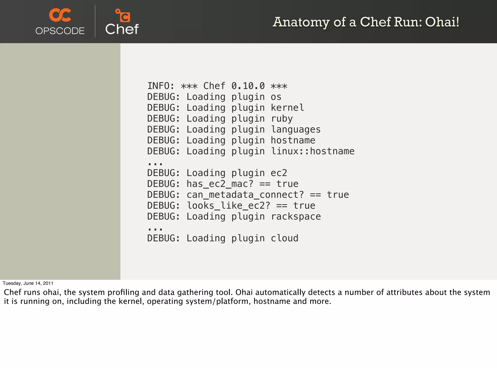 Anatomy of a Chef Run: Ohai!



                                     INFO: *** Chef 0.10.0 ***
                                     DEBUG: Loading plugin os
                                     DEBUG: Loading plugin kernel
                                     DEBUG: Loading plugin ruby
                                     DEBUG: Loading plugin languages
                                     DEBUG: Loading plugin hostname
                                     DEBUG: Loading plugin linux::hostname
                                     ...
                                     DEBUG: Loading plugin ec2
                                     DEBUG: has_ec2_mac? == true
                                     DEBUG: can_metadata_connect? == true
                                     DEBUG: looks_like_ec2? == true
                                     DEBUG: Loading plugin rackspace
                                     ...
                                     DEBUG: Loading plugin cloud



Tuesday, June 14, 2011

Chef runs ohai, the system proﬁling and data gathering tool. Ohai automatically detects a number of attributes about the system
it is running on, including the kernel, operating system/platform, hostname and more.
 
