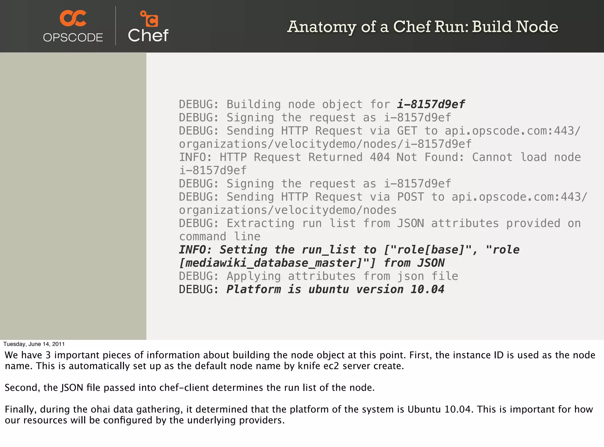 Anatomy of a Chef Run: Build Node



                                      DEBUG: Building node object for i-8157d9ef
                                      DEBUG: Signing the request as i-8157d9ef
                                      DEBUG: Sending HTTP Request via GET to api.opscode.com:443/
                                      organizations/velocitydemo/nodes/i-8157d9ef
                                      INFO: HTTP Request Returned 404 Not Found: Cannot load node
                                      i-8157d9ef
                                      DEBUG: Signing the request as i-8157d9ef
                                      DEBUG: Sending HTTP Request via POST to api.opscode.com:443/
                                      organizations/velocitydemo/nodes
                                      DEBUG: Extracting run list from JSON attributes provided on
                                      command line
                                      INFO: Setting the run_list to ["role[base]", "role
                                      [mediawiki_database_master]"] from JSON
                                      DEBUG: Applying attributes from json file
                                      DEBUG: Platform is ubuntu version 10.04



Tuesday, June 14, 2011

We have 3 important pieces of information about building the node object at this point. First, the instance ID is used as the node
name. This is automatically set up as the default node name by knife ec2 server create.

Second, the JSON ﬁle passed into chef-client determines the run list of the node.

Finally, during the ohai data gathering, it determined that the platform of the system is Ubuntu 10.04. This is important for how
our resources will be conﬁgured by the underlying providers.
 