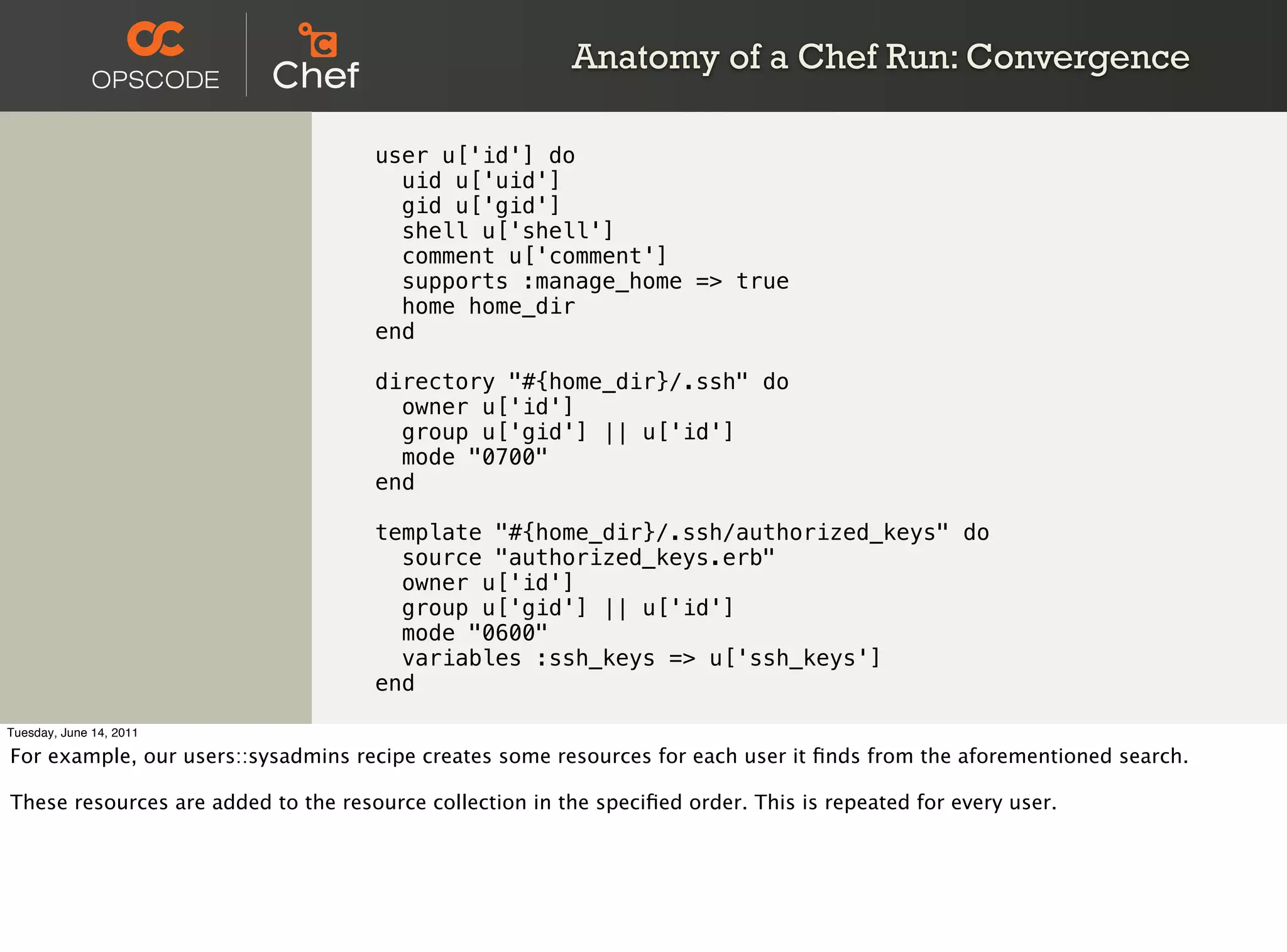 Anatomy of a Chef Run: Convergence

                                     user u['id'] do
                                       uid u['uid']
                                       gid u['gid']
                                       shell u['shell']
                                       comment u['comment']
                                       supports :manage_home => true
                                       home home_dir
                                     end

                                     directory "#{home_dir}/.ssh" do
                                       owner u['id']
                                       group u['gid'] || u['id']
                                       mode "0700"
                                     end

                                     template "#{home_dir}/.ssh/authorized_keys" do
                                       source "authorized_keys.erb"
                                       owner u['id']
                                       group u['gid'] || u['id']
                                       mode "0600"
                                       variables :ssh_keys => u['ssh_keys']
                                     end

Tuesday, June 14, 2011

For example, our users::sysadmins recipe creates some resources for each user it ﬁnds from the aforementioned search.

These resources are added to the resource collection in the speciﬁed order. This is repeated for every user.
 