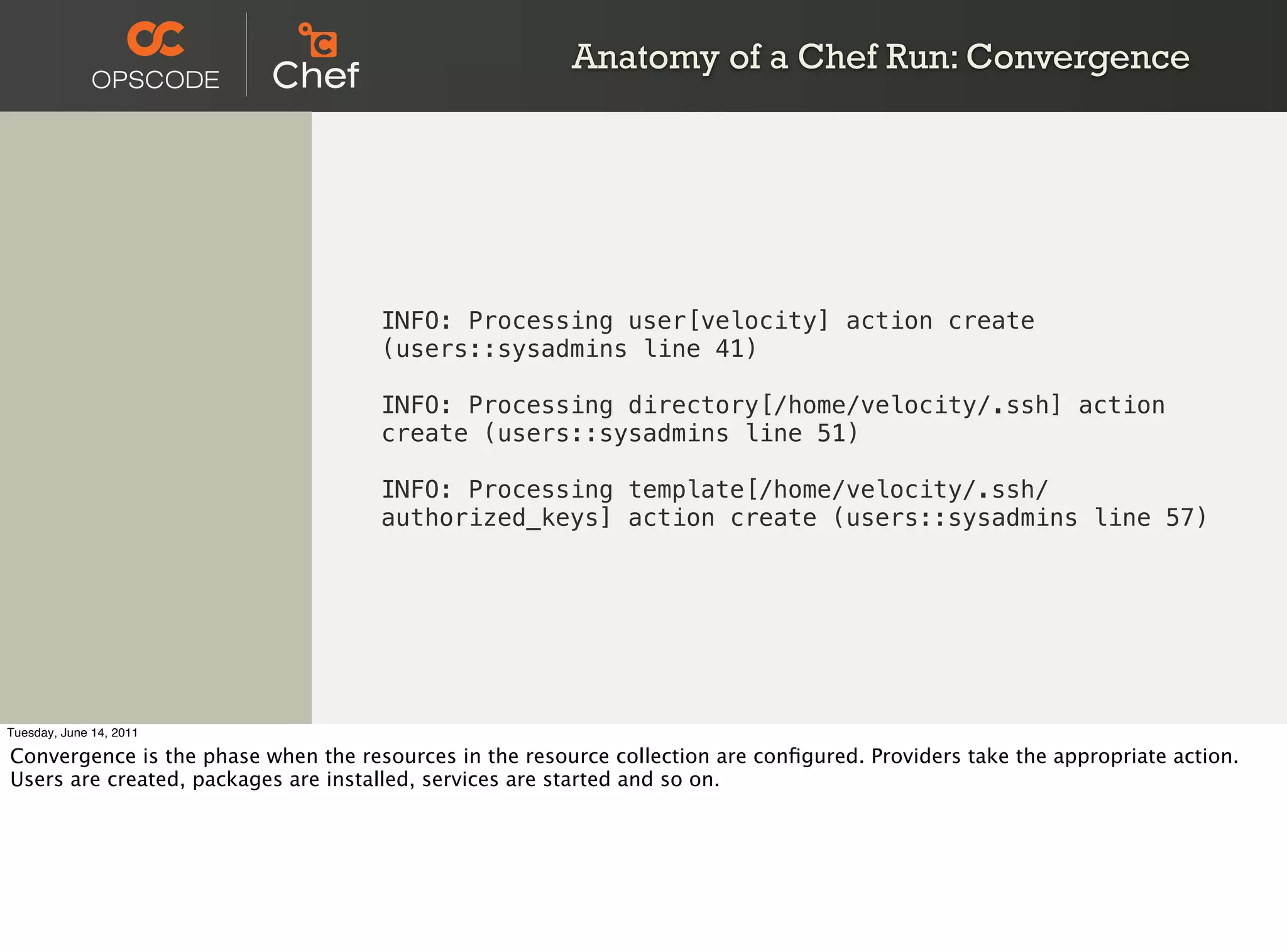 Anatomy of a Chef Run: Convergence




                                     INFO: Processing user[velocity] action create
                                     (users::sysadmins line 41)

                                     INFO: Processing directory[/home/velocity/.ssh] action
                                     create (users::sysadmins line 51)

                                     INFO: Processing template[/home/velocity/.ssh/
                                     authorized_keys] action create (users::sysadmins line 57)




Tuesday, June 14, 2011

Convergence is the phase when the resources in the resource collection are conﬁgured. Providers take the appropriate action.
Users are created, packages are installed, services are started and so on.
 