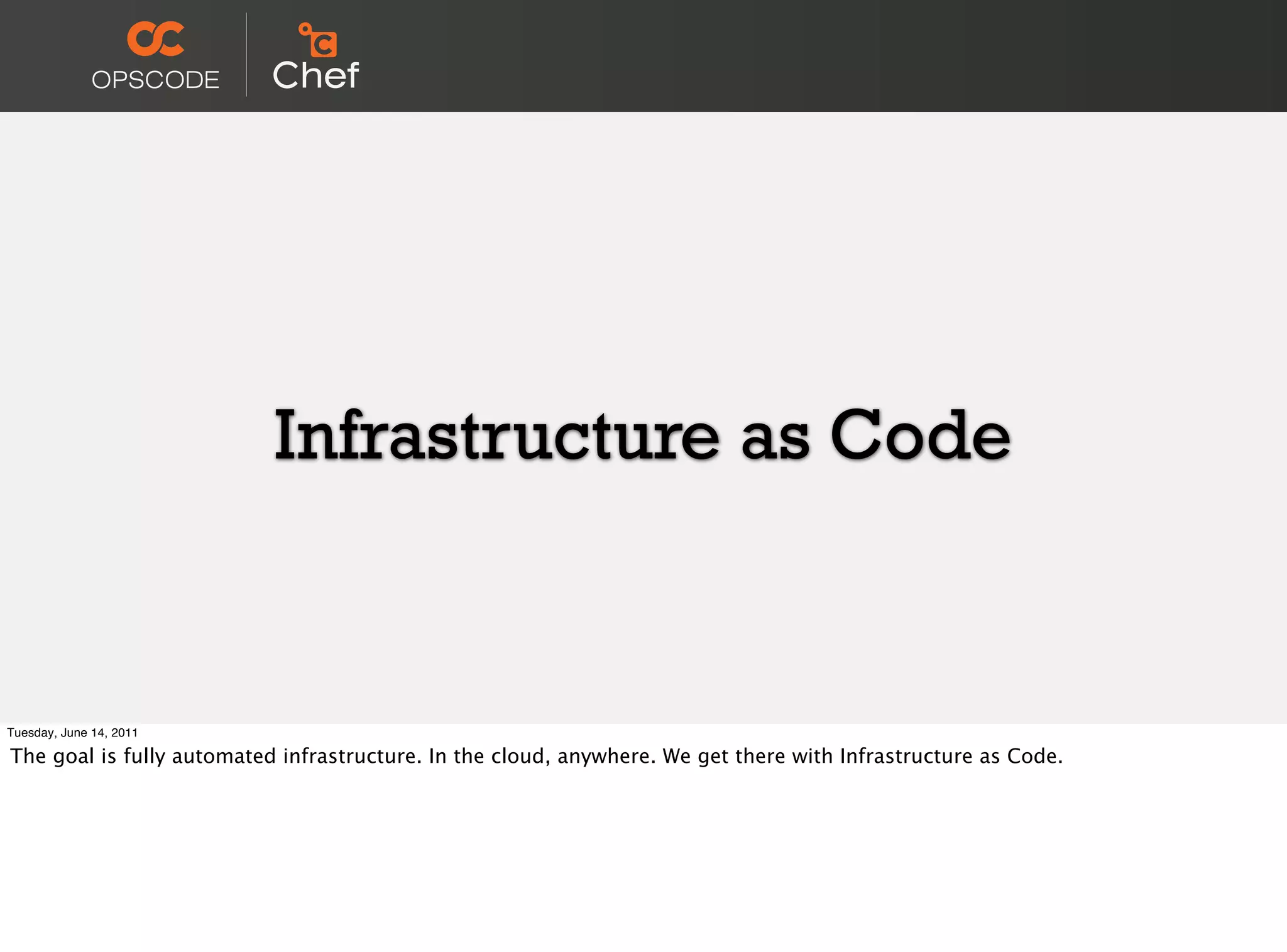Infrastructure as Code


Tuesday, June 14, 2011

The goal is fully automated infrastructure. In the cloud, anywhere. We get there with Infrastructure as Code.
 