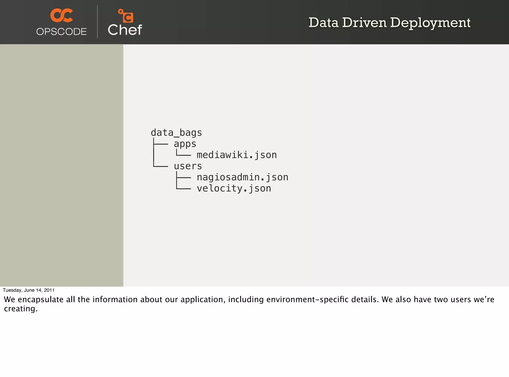 Data Driven Deployment




                                     data_bags
                                     ├── apps
                                     │   └── mediawiki.json
                                     └── users
                                         ├── nagiosadmin.json
                                         └── velocity.json




Tuesday, June 14, 2011

We encapsulate all the information about our application, including environment-speciﬁc details. We also have two users we’re
creating.
 