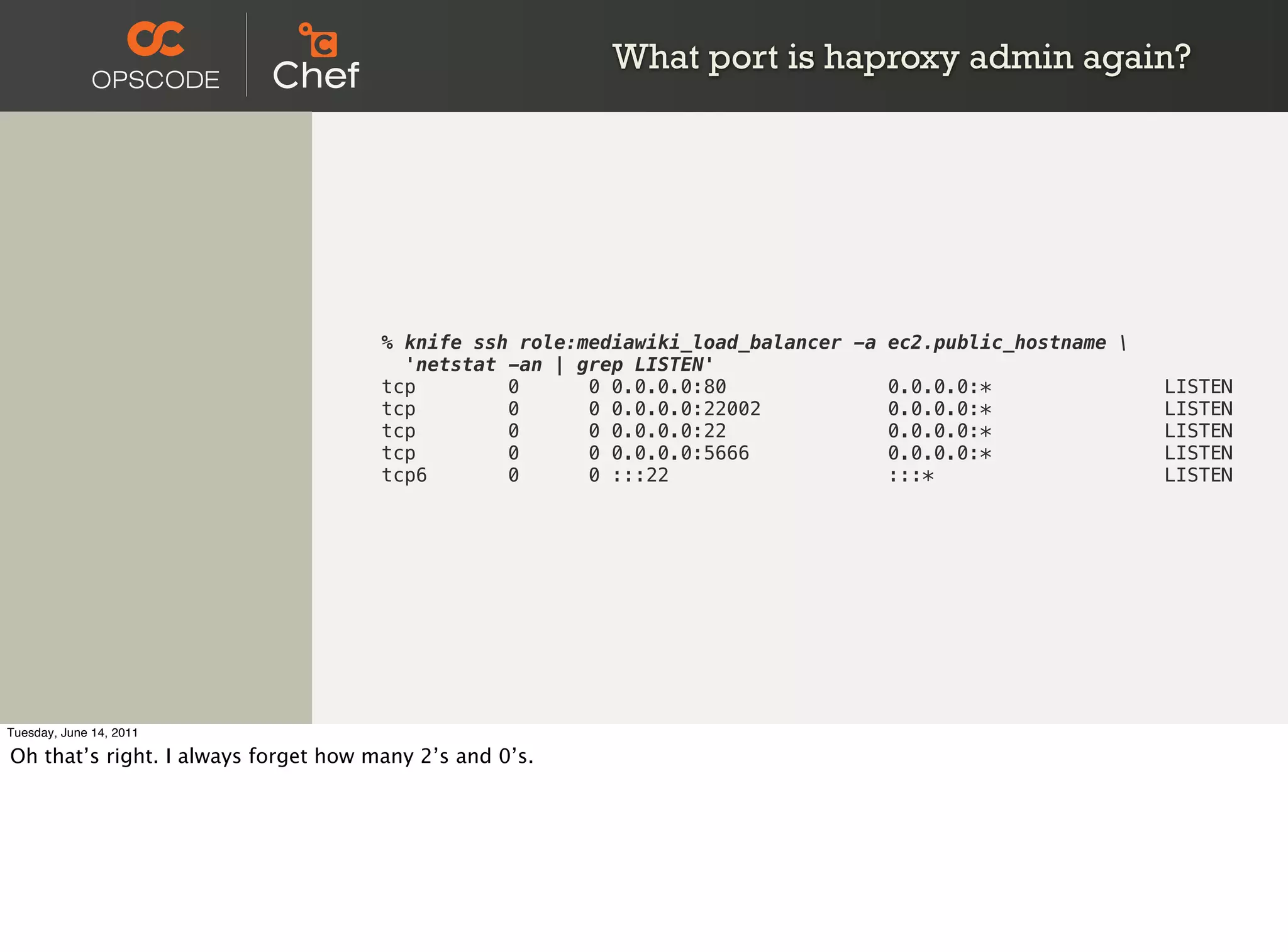 What port is haproxy admin again?




                                      % knife ssh role:mediawiki_load_balancer -a ec2.public_hostname 
                                        'netstat -an | grep LISTEN'
                                      tcp        0      0 0.0.0.0:80              0.0.0.0:*               LISTEN
                                      tcp        0      0 0.0.0.0:22002           0.0.0.0:*               LISTEN
                                      tcp        0      0 0.0.0.0:22              0.0.0.0:*               LISTEN
                                      tcp        0      0 0.0.0.0:5666            0.0.0.0:*               LISTEN
                                      tcp6       0      0 :::22                   :::*                    LISTEN




Tuesday, June 14, 2011

Oh that’s right. I always forget how many 2’s and 0’s.
 