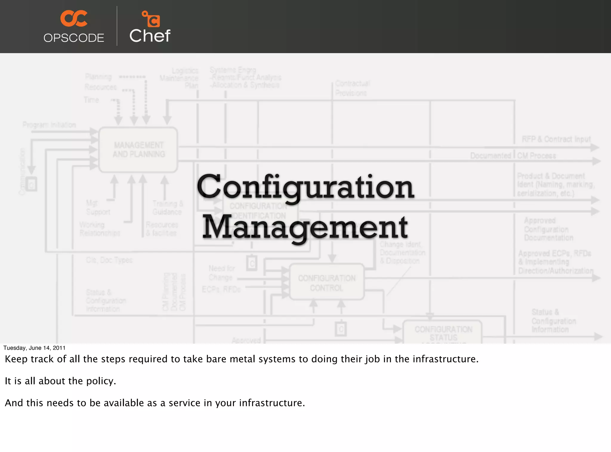 Configuration
                                          Management


Tuesday, June 14, 2011

Keep track of all the steps required to take bare metal systems to doing their job in the infrastructure.

It is all about the policy.

And this needs to be available as a service in your infrastructure.
 