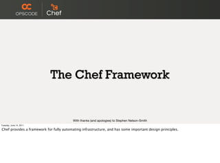 The Chef Framework


                                         With thanks (and apologies) to Stephen Nelson-Smith
Tuesday, June 14, 2011

Chef provides a framework for fully automating infrastructure, and has some important design principles.
 