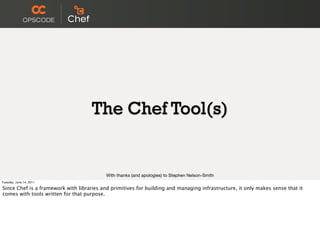 The Chef Tool(s)


                                           With thanks (and apologies) to Stephen Nelson-Smith
Tuesday, June 14, 2011

Since Chef is a framework with libraries and primitives for building and managing infrastructure, it only makes sense that it
comes with tools written for that purpose.
 