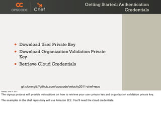 Getting Started: Authentication
                                                                                          Credentials




                 •       Download User Private Key
                 •       Download Organization Validation Private
                         Key
                 •       Retrieve Cloud Credentials



                         git clone git://github.com/opscode/velocity2011-chef-repo
Tuesday, June 14, 2011

The signup process will provide instructions on how to retrieve your user private key and organization validation private key.

The examples in the chef repository will use Amazon EC2. You’ll need the cloud credentials.
 