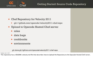 Getting Started: Source Code Repository




                 •       Chef Repository for Velocity 2011
                         •     git://github.com/opscode/velocity2011-chef-repo

                 •       Upload to Opscode Hosted Chef server
                         •     roles
                         •     data bags
                         •     cookbooks
                         •     environments

                             git clone git://github.com/opscode/velocity2011-chef-repo
Tuesday, June 14, 2011

The repository has a README-velocity.md ﬁle that describes how to Upload the Repository to the Opscode Hosted Chef server.
 
