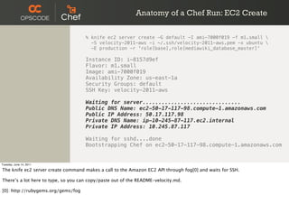 Anatomy of a Chef Run: EC2 Create

                                     % knife ec2 server create -G default -I ami-7000f019 -f m1.small 
                                       -S velocity-2011-aws -i ~/.ssh/velocity-2011-aws.pem -x ubuntu 
                                       -E production -r 'role[base],role[mediawiki_database_master]'

                                     Instance ID: i-8157d9ef
                                     Flavor: m1.small
                                     Image: ami-7000f019
                                     Availability Zone: us-east-1a
                                     Security Groups: default
                                     SSH Key: velocity-2011-aws

                                     Waiting for server...............................
                                     Public DNS Name: ec2-50-17-117-98.compute-1.amazonaws.com
                                     Public IP Address: 50.17.117.98
                                     Private DNS Name: ip-10-245-87-117.ec2.internal
                                     Private IP Address: 10.245.87.117

                                     Waiting for sshd....done
                                     Bootstrapping Chef on ec2-50-17-117-98.compute-1.amazonaws.com


Tuesday, June 14, 2011

The knife ec2 server create command makes a call to the Amazon EC2 API through fog[0] and waits for SSH.

There’s a lot here to type, so you can copy/paste out of the README-velocity.md.

[0]: http://rubygems.org/gems/fog
 