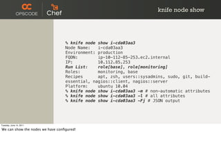 knife node show




                                  % knife node show i-cda03aa3
                                  Node Name:   i-cda03aa3
                                  Environment: production
                                  FQDN:        ip-10-112-85-253.ec2.internal
                                  IP:          10.112.85.253
                                  Run List:    role[base], role[monitoring]
                                  Roles:       monitoring, base
                                  Recipes      apt, zsh, users::sysadmins, sudo, git, build-
                                  essential, nagios::client, nagios::server
                                  Platform:    ubuntu 10.04
                                  % knife node show i-cda03aa3 -m # non-automatic attributes
                                  % knife node show i-cda03aa3 -l # all attributes
                                  % knife node show i-cda03aa3 -Fj # JSON output




Tuesday, June 14, 2011

We can show the nodes we have conﬁgured!
 