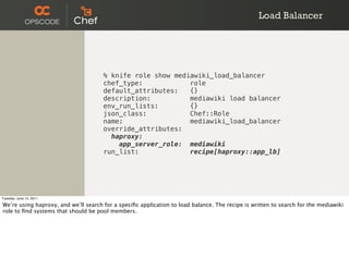 Load Balancer




                                      % knife role show mediawiki_load_balancer
                                      chef_type:            role
                                      default_attributes:   {}
                                      description:          mediawiki load balancer
                                      env_run_lists:        {}
                                      json_class:           Chef::Role
                                      name:                 mediawiki_load_balancer
                                      override_attributes:
                                        haproxy:
                                          app_server_role: mediawiki
                                      run_list:             recipe[haproxy::app_lb]




Tuesday, June 14, 2011

We’re using haproxy, and we’ll search for a speciﬁc application to load balance. The recipe is written to search for the mediawiki
role to ﬁnd systems that should be pool members.
 