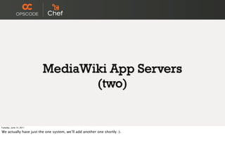 MediaWiki App Servers
                                (two)


Tuesday, June 14, 2011

We actually have just the one system, we’ll add another one shortly :).
 