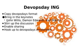Devopsday ING
Copy devopsdays format
●Bring in the keynotes
l (John Willis, Damon Edwards, Kief Morris)
● Stirr up the discussion
● Enable sharing
● Hook up to devopsdays Amsterdam
●

 