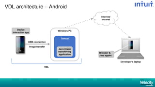 VDL architecture – Android
Windows PC
Tomcat
Java image
transferring
application
Browser 
Java applet
Internet/
intranet
Device
interaction app
Developer’s laptop
VDL
Image transfer
USB connection
 