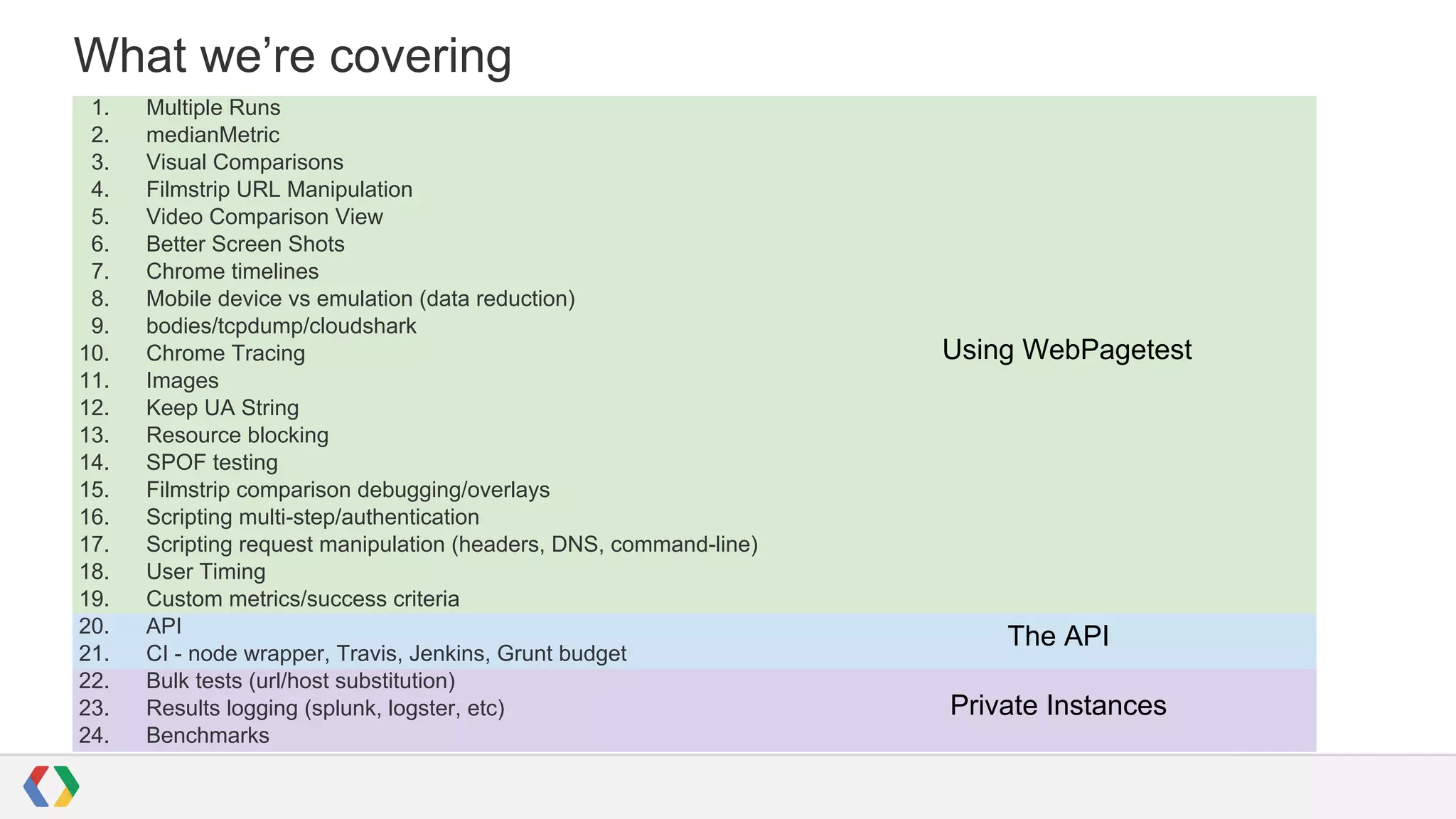 What we’re covering
1. Multiple Runs
2. medianMetric
3. Visual Comparisons
4. Filmstrip URL Manipulation
5. Video Comparison View
6. Better Screen Shots
7. Chrome timelines
8. Mobile device vs emulation (data reduction)
9. bodies/tcpdump/cloudshark
10. Chrome Tracing
11. Images
12. Keep UA String
13. Resource blocking
14. SPOF testing
15. Filmstrip comparison debugging/overlays
16. Scripting multi-step/authentication
17. Scripting request manipulation (headers, DNS, command-line)
18. User Timing
19. Custom metrics/success criteria
20. API
21. CI - node wrapper, Travis, Jenkins, Grunt budget
22. Bulk tests (url/host substitution)
23. Results logging (splunk, logster, etc)
24. Benchmarks
Using WebPagetest
The API
Private Instances
 