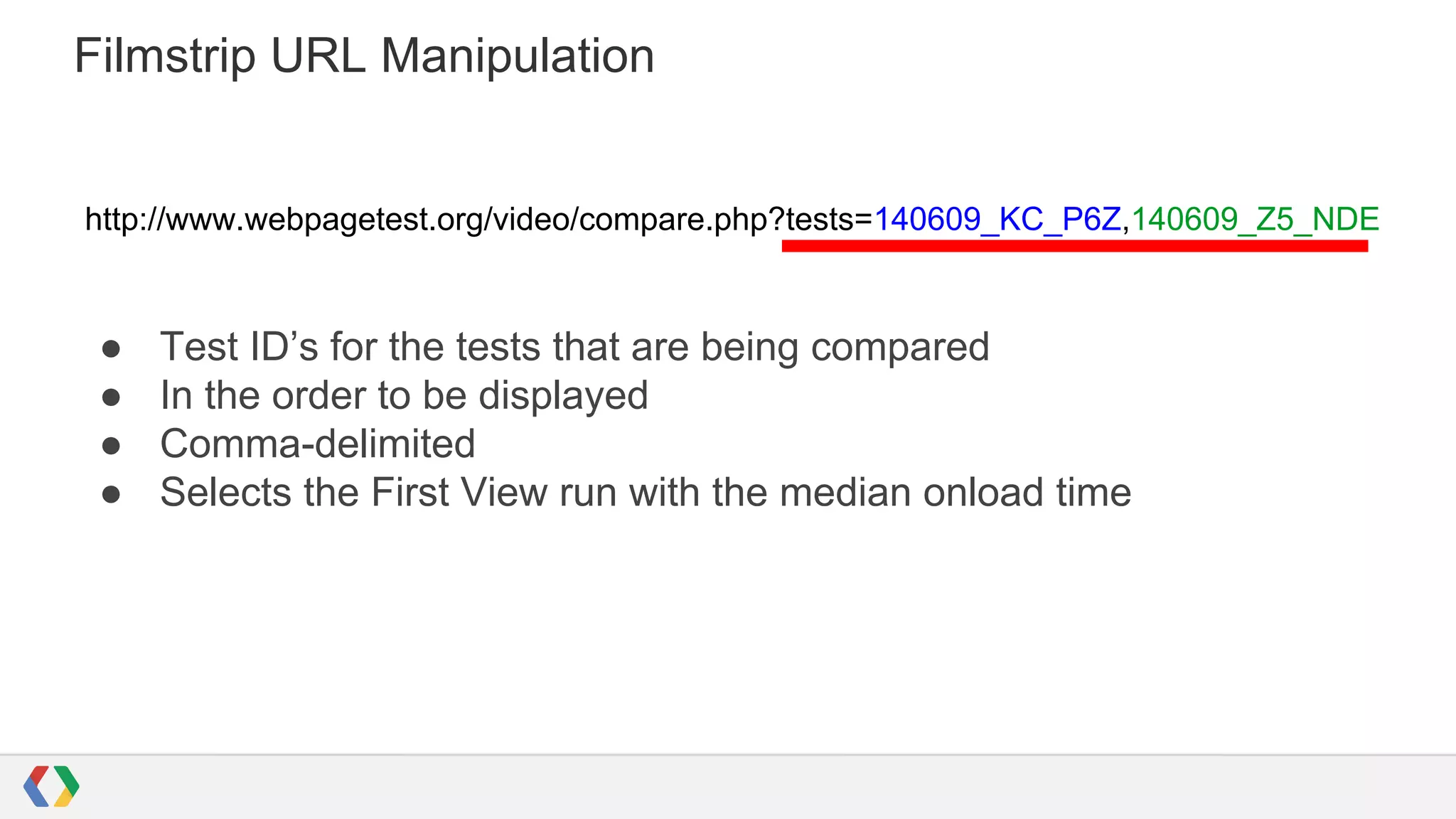 Filmstrip URL Manipulation
http://www.webpagetest.org/video/compare.php?tests=140609_KC_P6Z,140609_Z5_NDE
● Test ID’s for the tests that are being compared
● In the order to be displayed
● Comma-delimited
● Selects the First View run with the median onload time
 