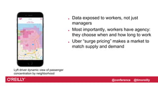Lyft driver dynamic view of passenger
concentration by neighborhood
@conference @timoreilly
Data exposed to workers, not just
managers
Most importantly, workers have agency:
they choose when and how long to work
Uber “surge pricing” makes a market to
match supply and demand
 