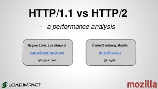 HTTP/1.1 vs HTTP/2
Ragnar Lönn, Load Impact
ragnar@loadimpact.com
@ragnarlonn
- a performance analysis
Daniel Stenberg, Mozilla
daniel@haxx.se
@bagder
 