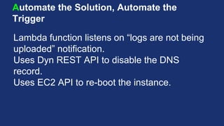Automate the Solution, Automate the
Trigger
Lambda function listens on “logs are not being
uploaded” notification.
Uses Dyn REST API to disable the DNS
record.
Uses EC2 API to re-boot the instance.
 