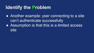 Identify the Problem
● Another example: yser connecting to a site
can’t authenticate successfully
● Assumption is that this is a limited access
site
 