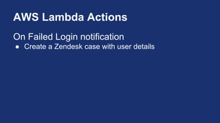 AWS Lambda Actions
On Failed Login notification
● Create a Zendesk case with user details
 