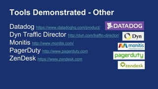 Tools Demonstrated - Other
Datadog https://www.datadoghq.com/product/
Dyn Traffic Director http://dyn.com/traffic-director/
Monitis http://www.monitis.com/
PagerDuty http://www.pagerduty.com
ZenDesk https://www.zendesk.com
 