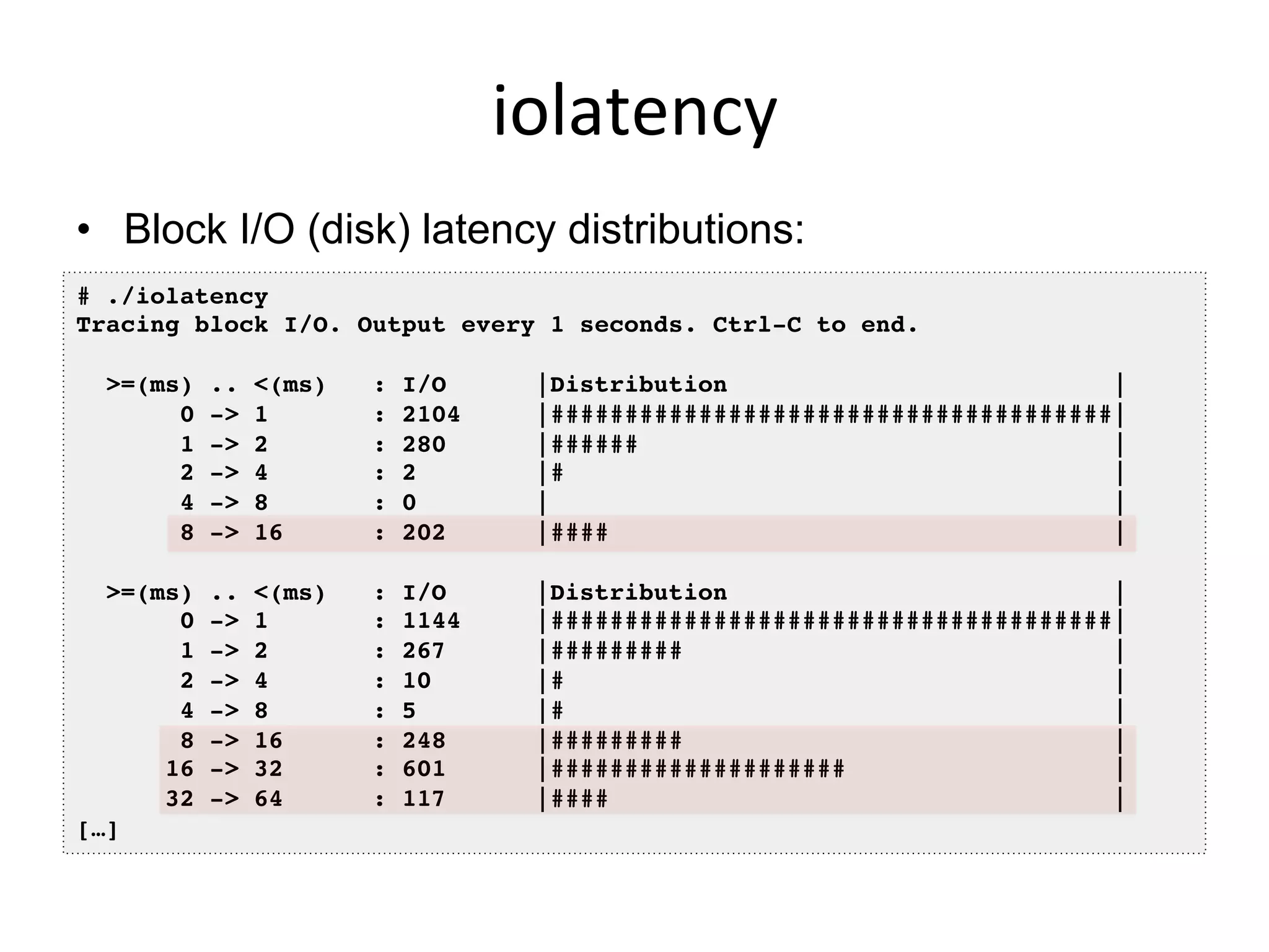 iolatency	
  
•  Block I/O (disk) latency distributions:
# ./iolatency !
Tracing block I/O. Output every 1 seconds. Ctrl-C to end.!
!
>=(ms) .. <(ms) : I/O |Distribution |!
0 -> 1 : 2104 |######################################|!
1 -> 2 : 280 |###### |!
2 -> 4 : 2 |# |!
4 -> 8 : 0 | |!
8 -> 16 : 202 |#### |!
!
>=(ms) .. <(ms) : I/O |Distribution |!
0 -> 1 : 1144 |######################################|!
1 -> 2 : 267 |######### |!
2 -> 4 : 10 |# |!
4 -> 8 : 5 |# |!
8 -> 16 : 248 |######### |!
16 -> 32 : 601 |#################### |!
32 -> 64 : 117 |#### |!
[…]!
 