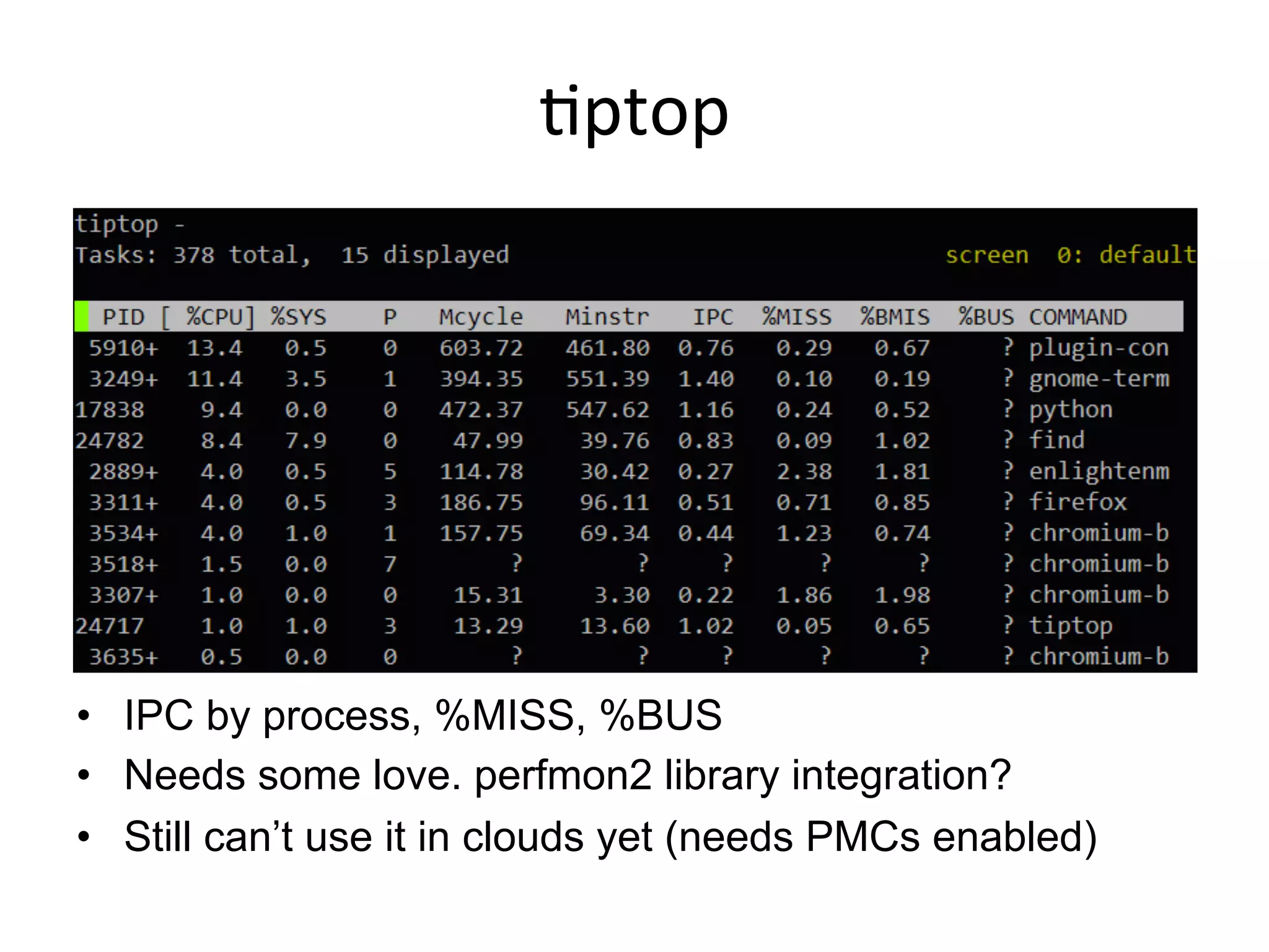 <ptop	
  
•  IPC by process, %MISS, %BUS
•  Needs some love. perfmon2 library integration?
•  Still can’t use it in clouds yet (needs PMCs enabled)
 