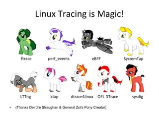 Linux	
  Tracing	
  is	
  Magic!	
  
•  (Thanks Deirdré Straughan & General Zoi's Pony Creator)
irace	
   perf_events	
   eBPF	
  
LTTng	
   dtrace4linux	
  
SystemTap	
  
ktap	
   OEL	
  DTrace	
   sysdig	
  
 