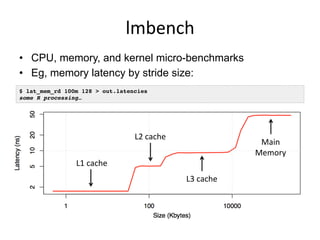 lmbench	
  
•  CPU, memory, and kernel micro-benchmarks
•  Eg, memory latency by stride size:
$ lat_mem_rd 100m 128 > out.latencies!
some R processing…!
L1	
  cache	
  
L2	
  cache	
  
Main	
  
Memory	
  
L3	
  cache	
  
 