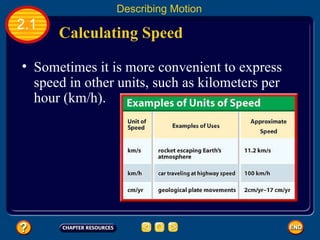Sometimes it is more convenient to express speed in other units, such as kilometers per hour (km/h). Calculating Speed   2.1 Describing Motion 