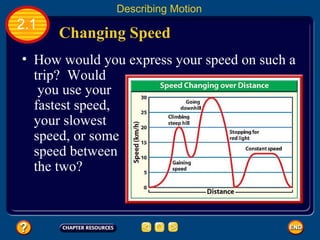 Changing Speed   2.1 Describing Motion How would you express your speed on such a trip?  Would   you use your fastest speed, your slowest speed, or some speed between the two?  