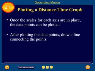 Once the scales for each axis are in place, the data points can be plotted.   Plotting a Distance-Time Graph 2.1 Describing Motion After plotting the data points, draw a line connecting the points.   
