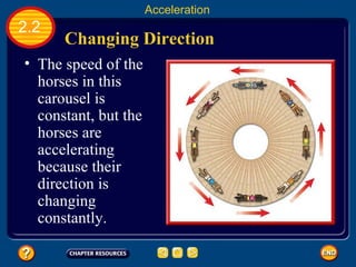 Changing Direction   The speed of the horses in this carousel is constant, but the horses are accelerating because their direction is changing constantly.   2.2 Acceleration 