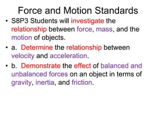 Force and Motion Standards
• S8P3 Students will investigate the
relationship between force, mass, and the
motion of objects.
• a. Determine the relationship between
velocity and acceleration.
• b. Demonstrate the effect of balanced and
unbalanced forces on an object in terms of
gravity, inertia, and friction.
 