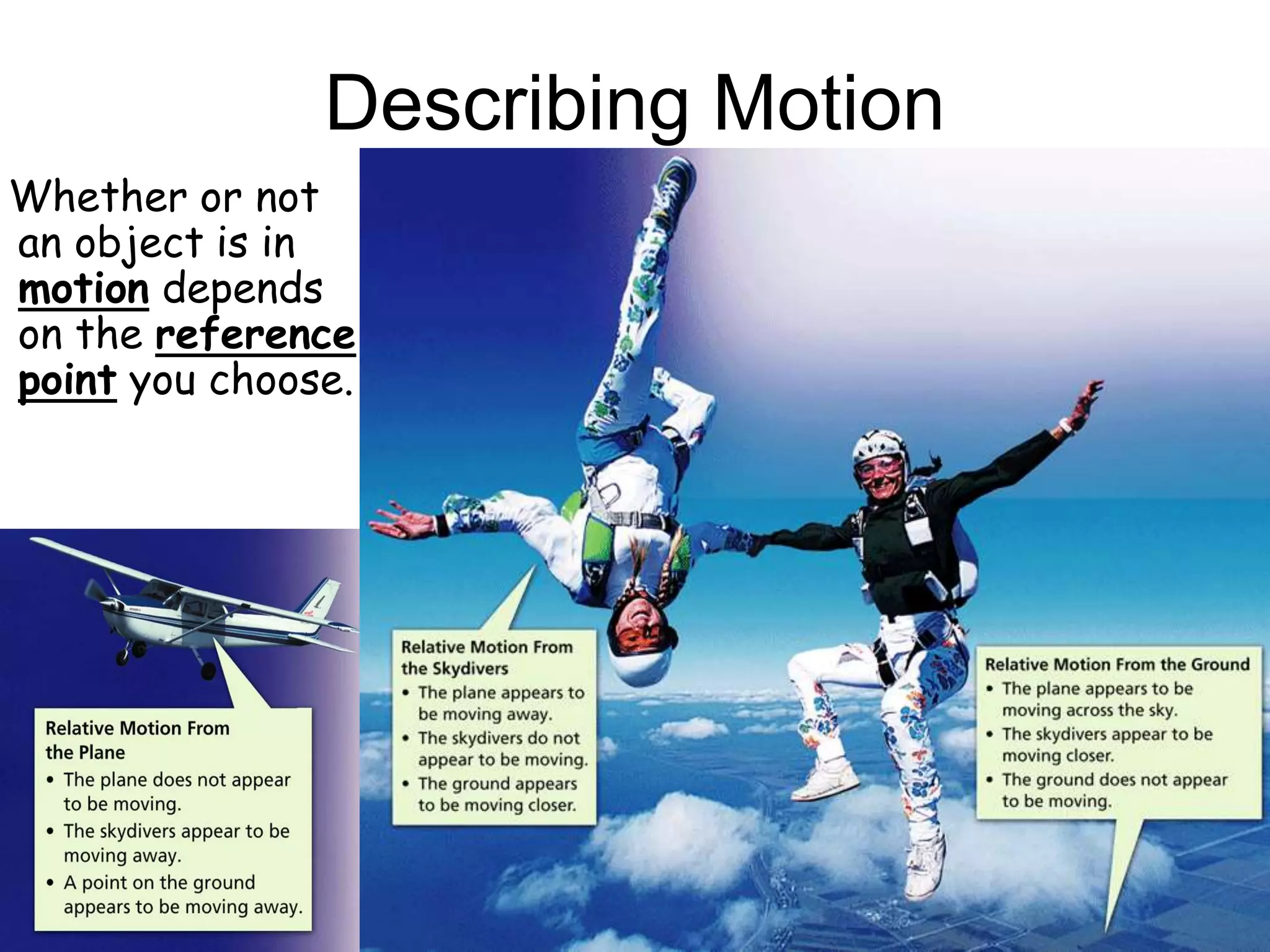 Describing Motion
Whether or not
an object is in
motion depends
on the reference
point you choose.
 