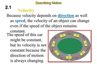 Because velocity depends on direction as well
as speed, the velocity of an object can change
even if the speed of the object remains
constant.
Velocity
2.1
Describing Motion
The speed of this car
might be constant,
but its velocity is not
constant because the
direction of motion
is always changing.
 