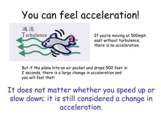 You can feel acceleration!
If you’re moving at 500mph
east without turbulence,
there is no acceleration.
But if the plane hits an air pocket and drops 500 feet in
2 seconds, there is a large change in acceleration and
you will feel that!
It does not matter whether you speed up or
slow down; it is still considered a change in
acceleration.
 