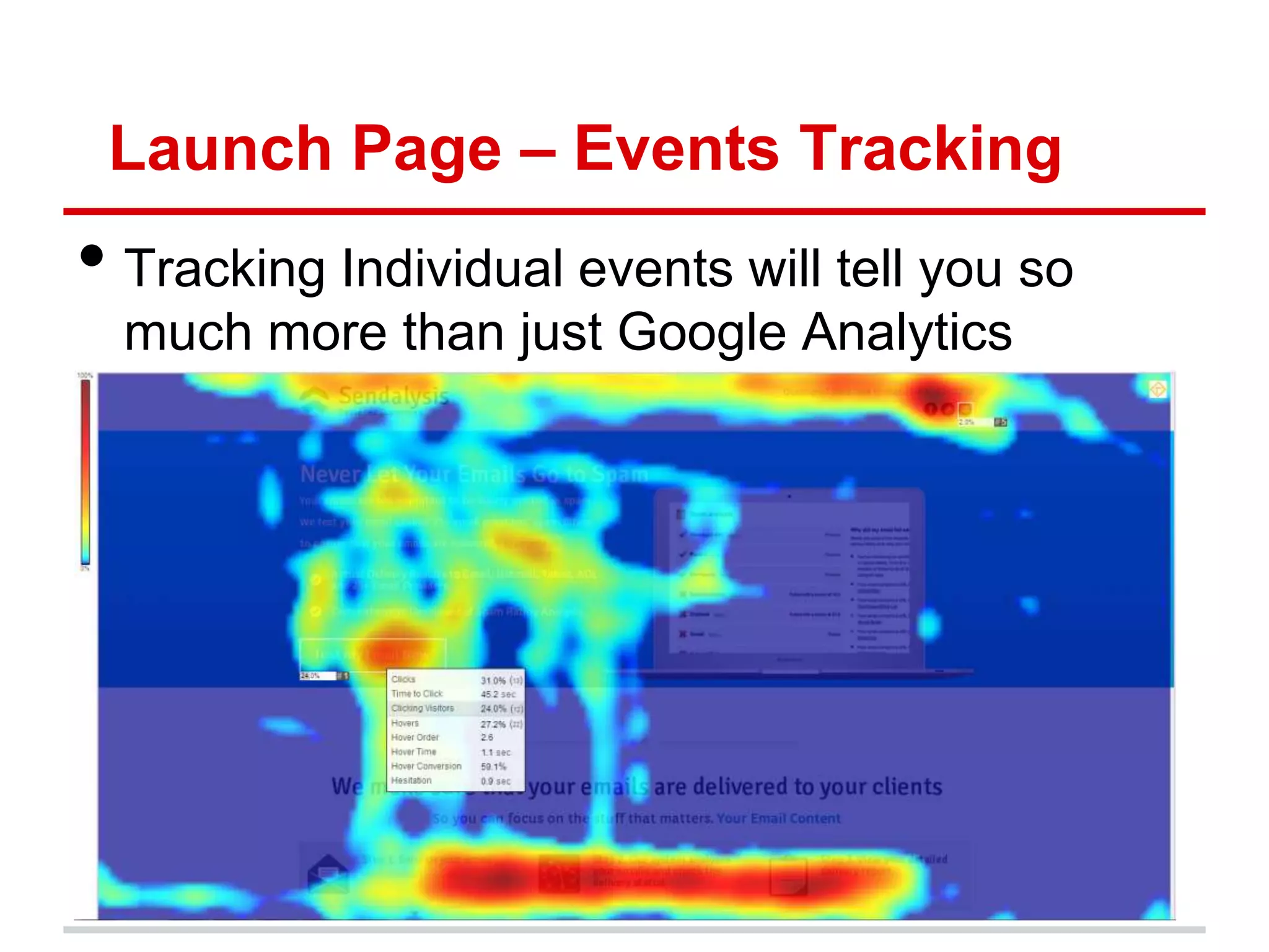 Launch Page – Events Tracking
• Tracking Individual events will tell you so
  much more than just Google Analytics
 