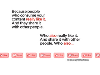 Because people
who consume your
content really like it.
And they share it
with other people.

                  Who also really like it.
                  And share it with other
                  people. Who also…

   Share             Share            Share             S

                                  repeat until famous
 