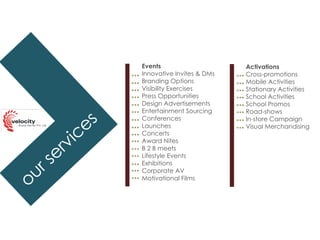 Events  Innovative Invites & DMs Branding Options Visibility Exercises Press Opportunities Design Advertisements Entertainment Sourcing  Conferences Launches Concerts Award Nites B 2 B meets Lifestyle Events  Exhibitions Corporate AV Motivational Films Activations Cross-promotions  Mobile Activities Stationary Activities School Activities School Promos Road-shows In-store Campaign Visual Merchandising our services 