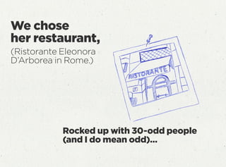 We chose
her restaurant,
(Ristorante Eleonora
D’Arborea in Rome.)
Rocked up with 30-odd people
(and I do mean odd)…
 