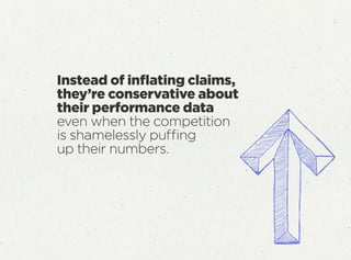 Instead of inﬂating claims,
they’re conservative about
their performance data
even when the competition
is shamelessly pufﬁng
up their numbers.
 