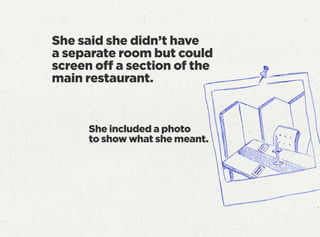 She said she didn’t have
a separate room but could
screen off a section of the
main restaurant.
She included a photo
to show what she meant.
 