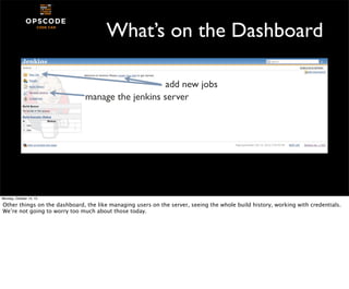 What’s on the Dashboard
add new jobs
manage the jenkins server

Monday, October 14, 13

Other things on the dashboard, the...