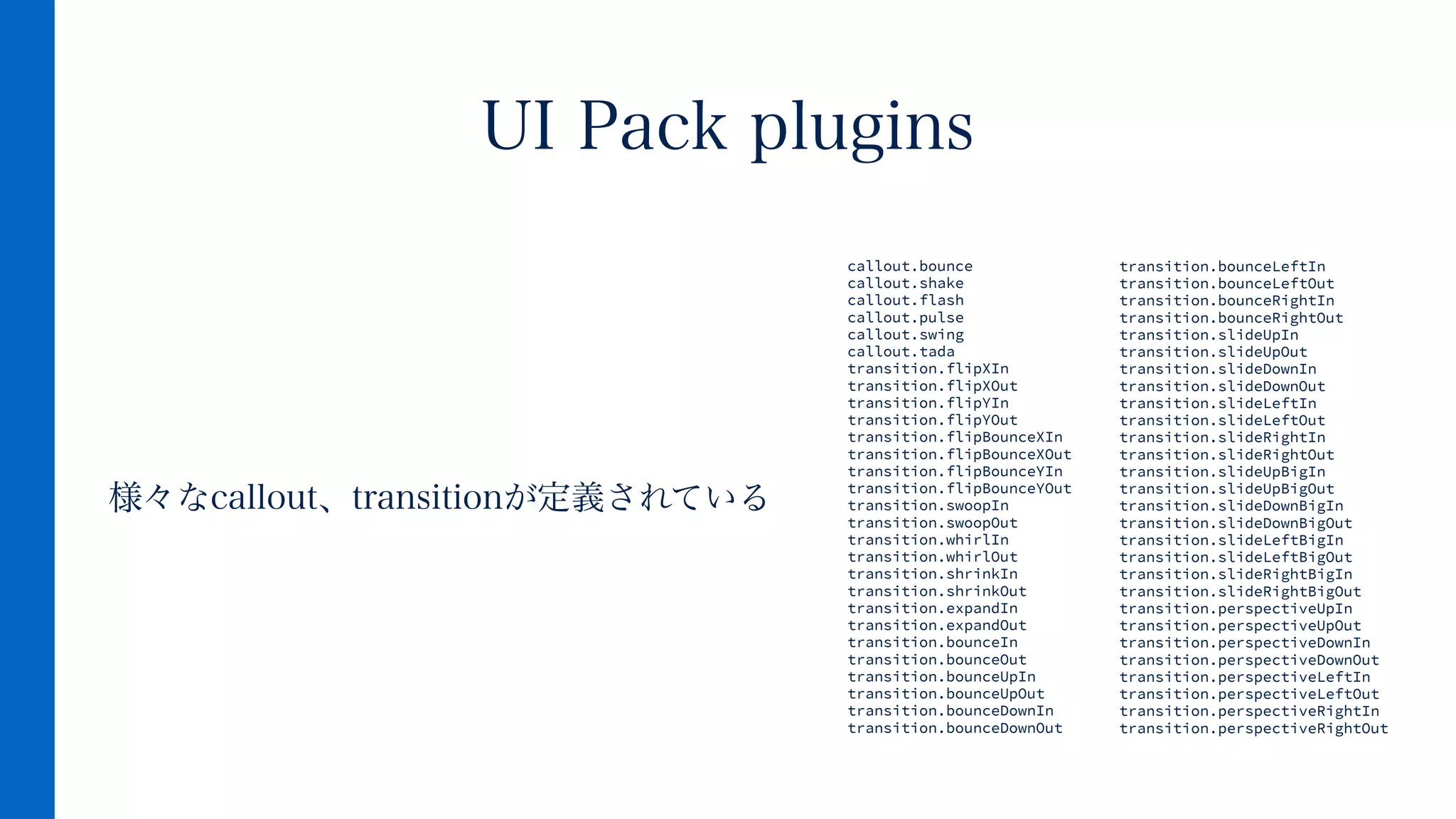 様々なcallout、transitionが定義されている
UI Pack plugins
callout.bounce
callout.shake
callout.flash
callout.pulse
callout.swing
callout.tada
transition.flipXIn
transition.flipXOut
transition.flipYIn
transition.flipYOut
transition.flipBounceXIn
transition.flipBounceXOut
transition.flipBounceYIn
transition.flipBounceYOut
transition.swoopIn
transition.swoopOut
transition.whirlIn
transition.whirlOut
transition.shrinkIn
transition.shrinkOut
transition.expandIn
transition.expandOut
transition.bounceIn
transition.bounceOut
transition.bounceUpIn
transition.bounceUpOut
transition.bounceDownIn
transition.bounceDownOut
transition.bounceLeftIn
transition.bounceLeftOut
transition.bounceRightIn
transition.bounceRightOut
transition.slideUpIn
transition.slideUpOut
transition.slideDownIn
transition.slideDownOut
transition.slideLeftIn
transition.slideLeftOut
transition.slideRightIn
transition.slideRightOut
transition.slideUpBigIn
transition.slideUpBigOut
transition.slideDownBigIn
transition.slideDownBigOut
transition.slideLeftBigIn
transition.slideLeftBigOut
transition.slideRightBigIn
transition.slideRightBigOut
transition.perspectiveUpIn
transition.perspectiveUpOut
transition.perspectiveDownIn
transition.perspectiveDownOut
transition.perspectiveLeftIn
transition.perspectiveLeftOut
transition.perspectiveRightIn
transition.perspectiveRightOut
 